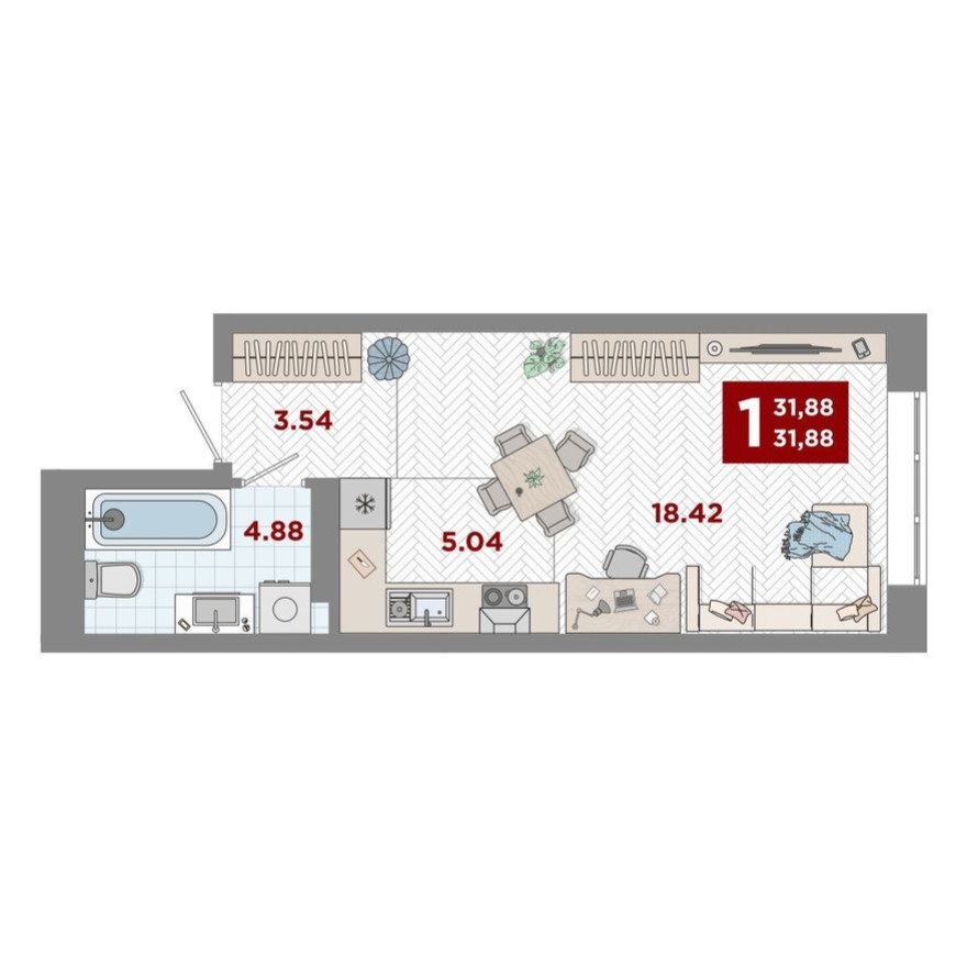 1к. квартира, 31.9 м²