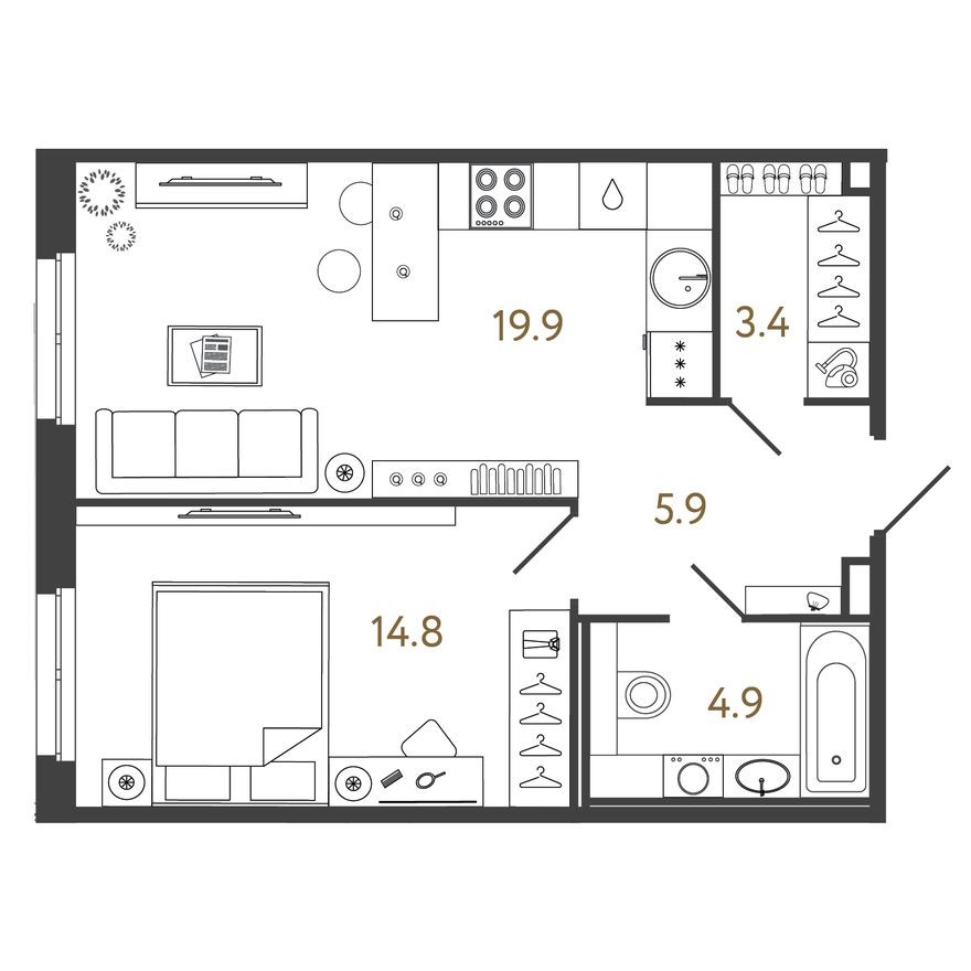 1к. квартира, 48.9 м²