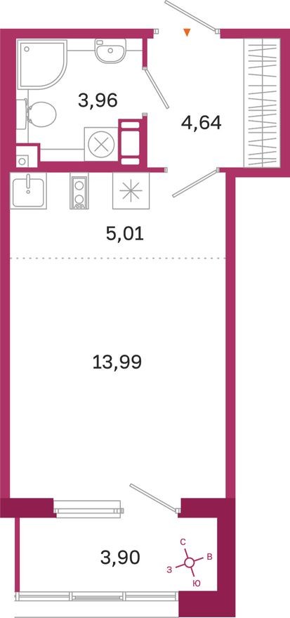 Студия-квартира, 29.6 м²