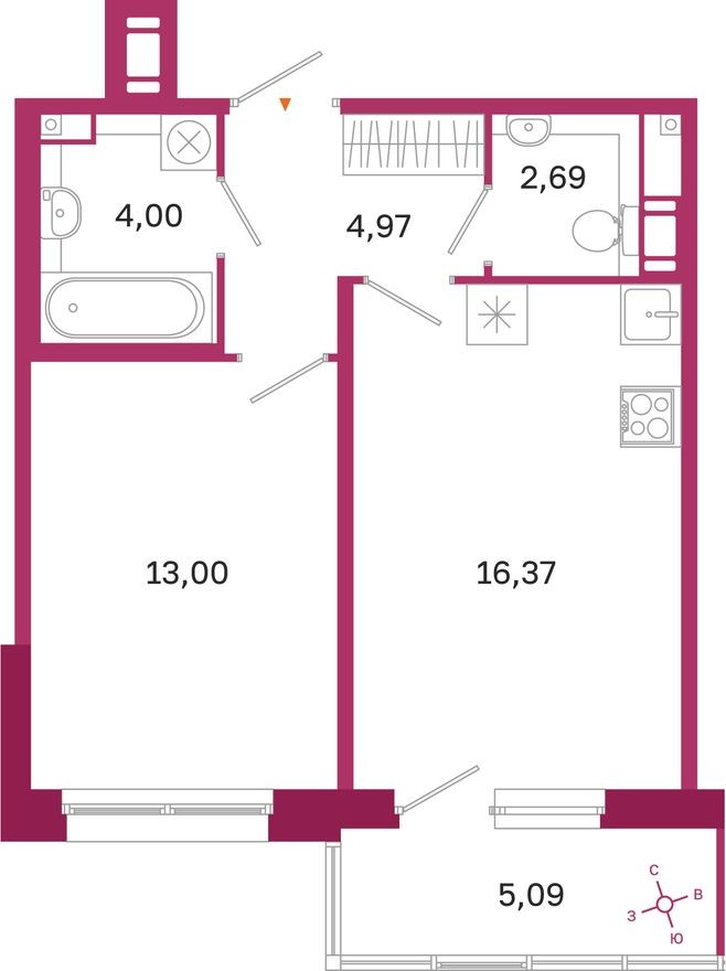 1к. квартира, 42.6 м²