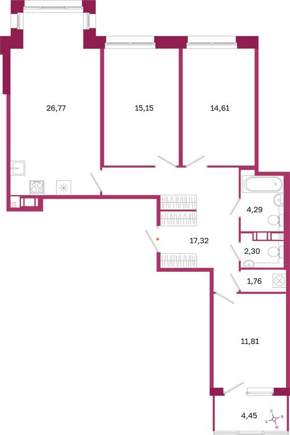 3к. квартира, 96.3 м²