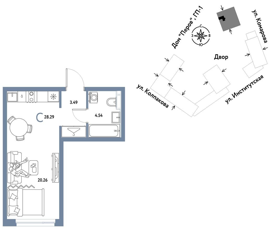Студия-квартира, 28.3 м²