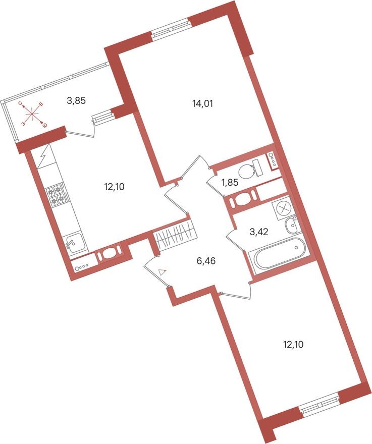 2к. квартира, 51.9 м²