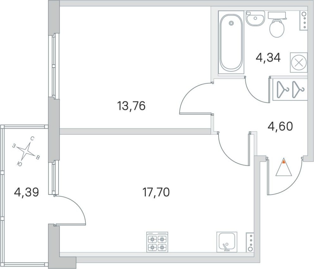 1к. квартира, 41.7 м²
