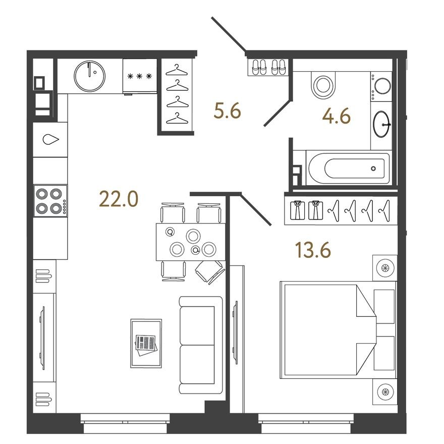 1к. квартира, 45.8 м²