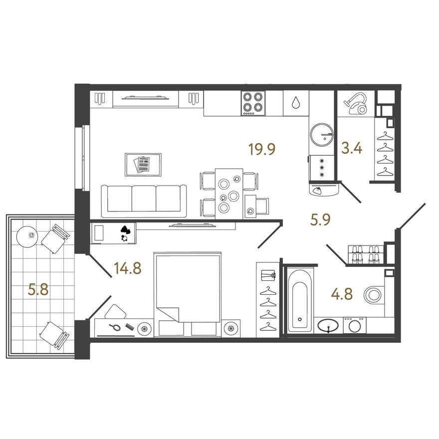 1к. квартира, 48.8 м²
