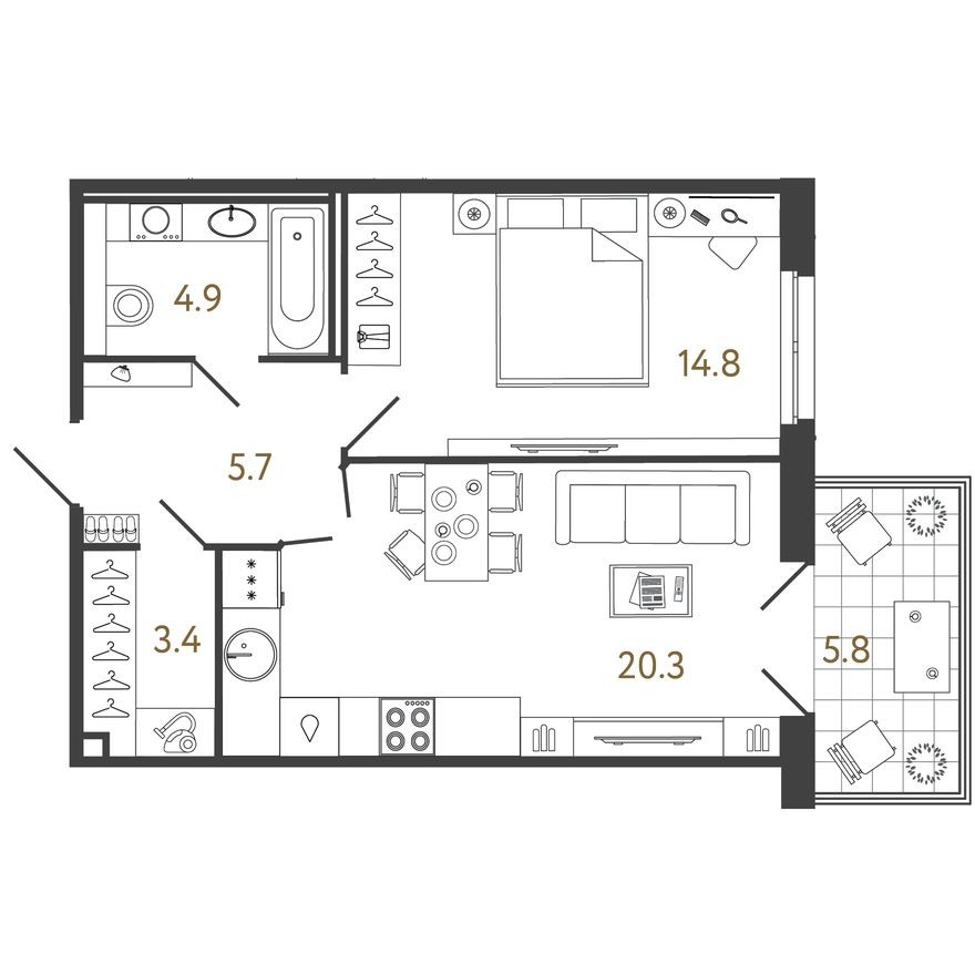 1к. квартира, 49.1 м²