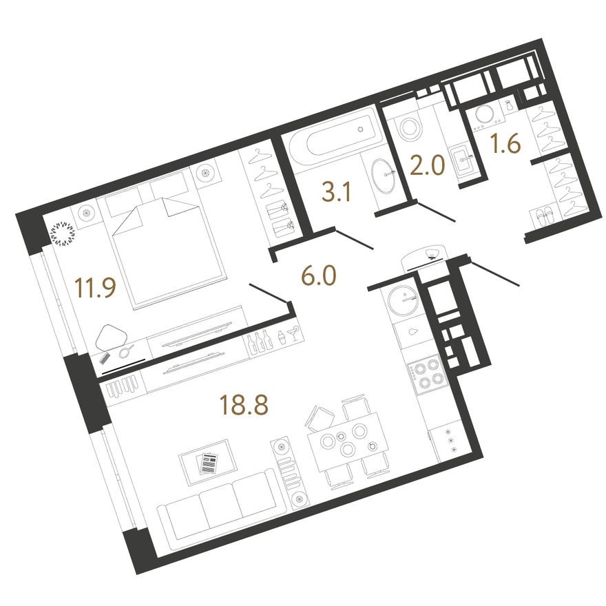 1к. квартира, 43.4 м²