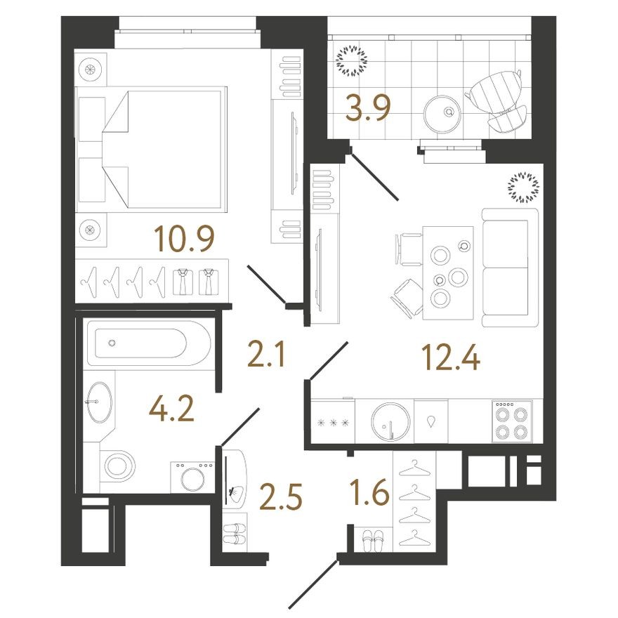 1к. квартира, 33.6 м²