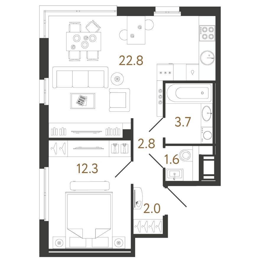 1к. квартира, 45.1 м²