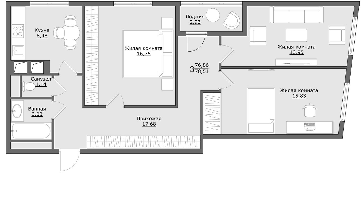 Планировка — 3к. квартира, 78.5 м²