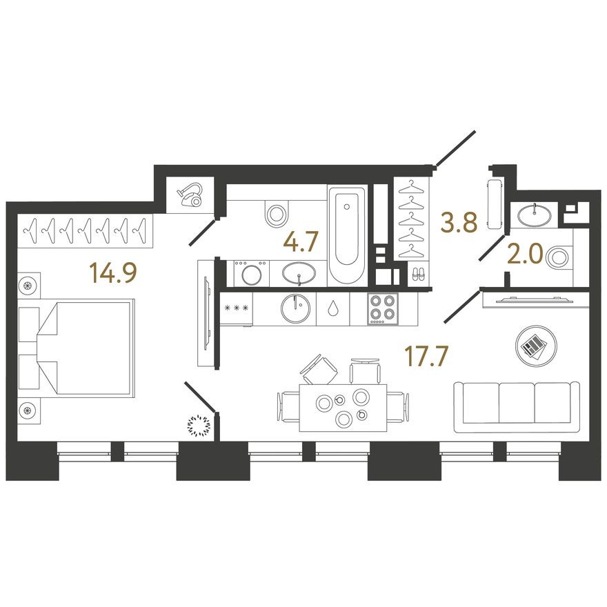 1к. квартира, 43.1 м²