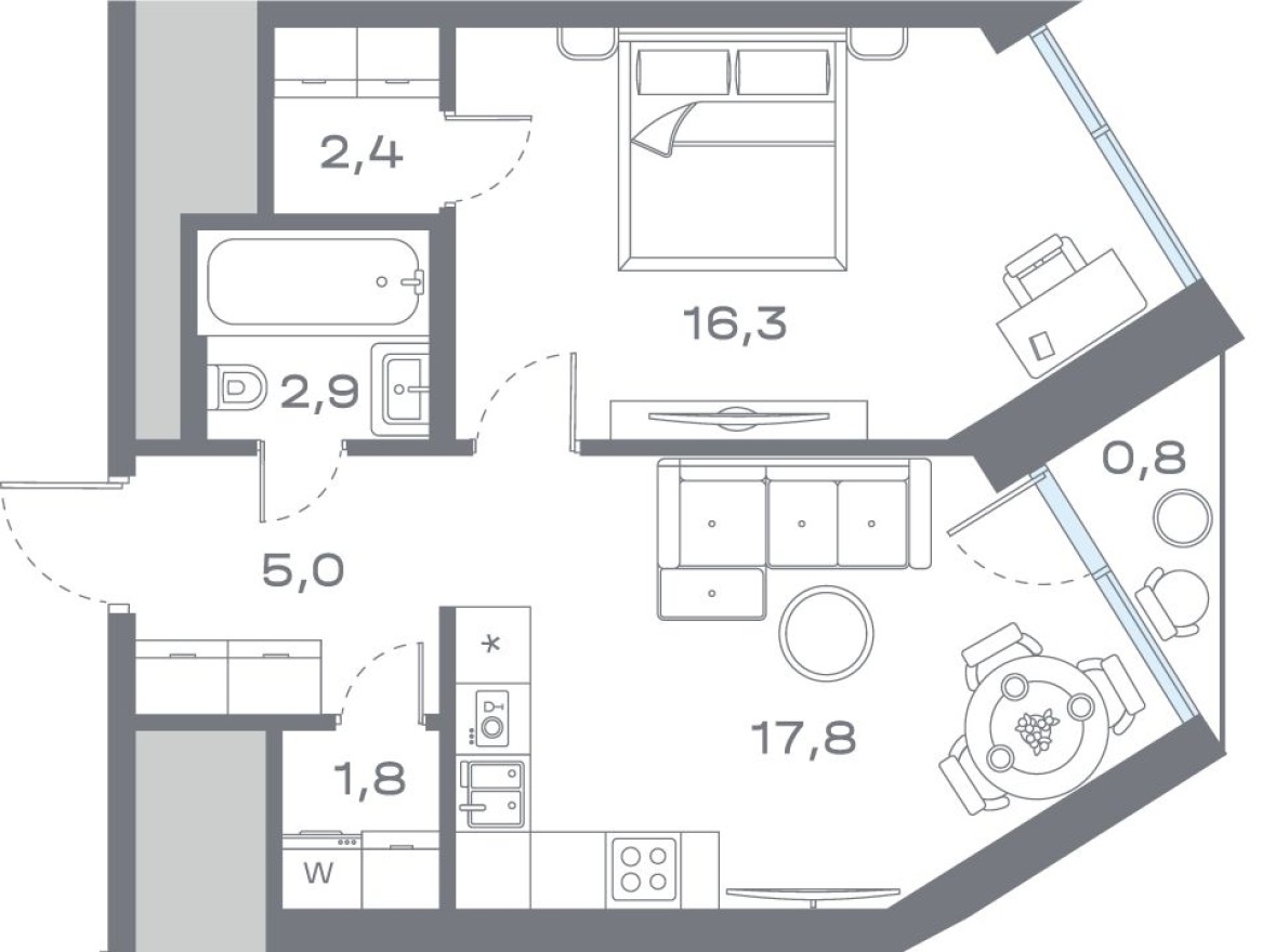 1к. квартира, 46.9 м²