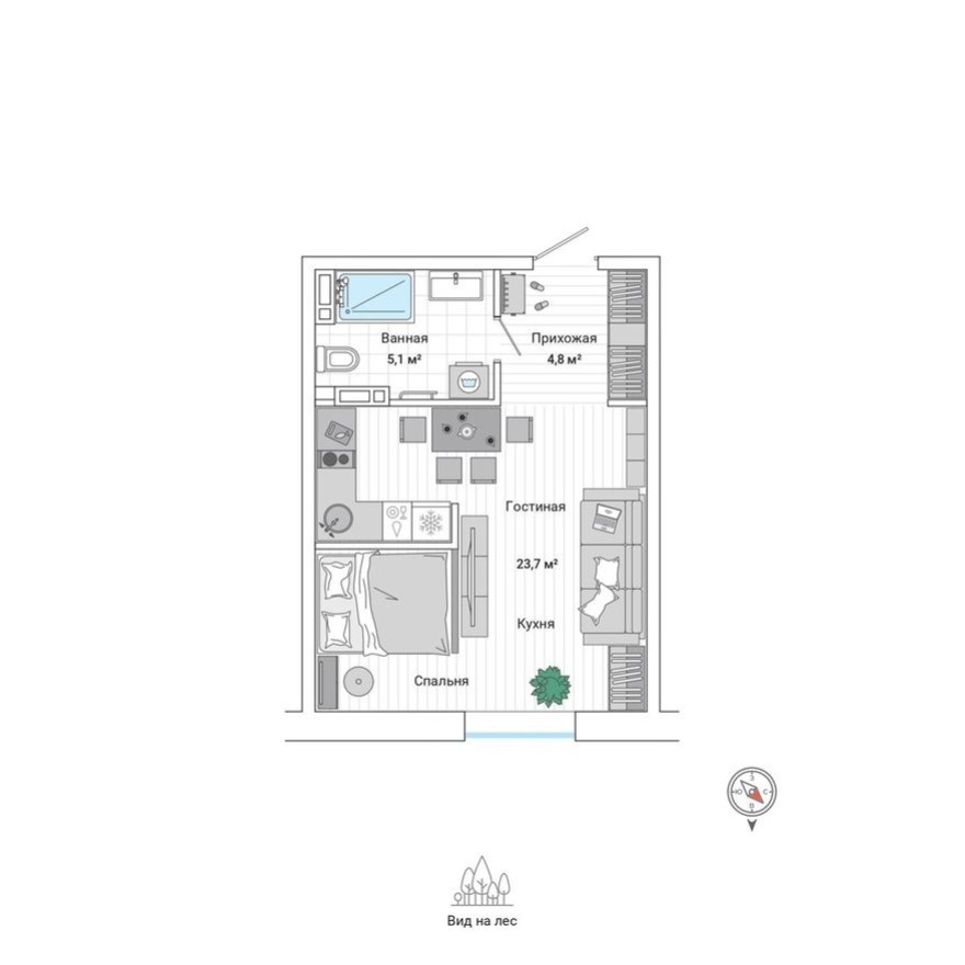 Студия-квартира, 33.7 м²