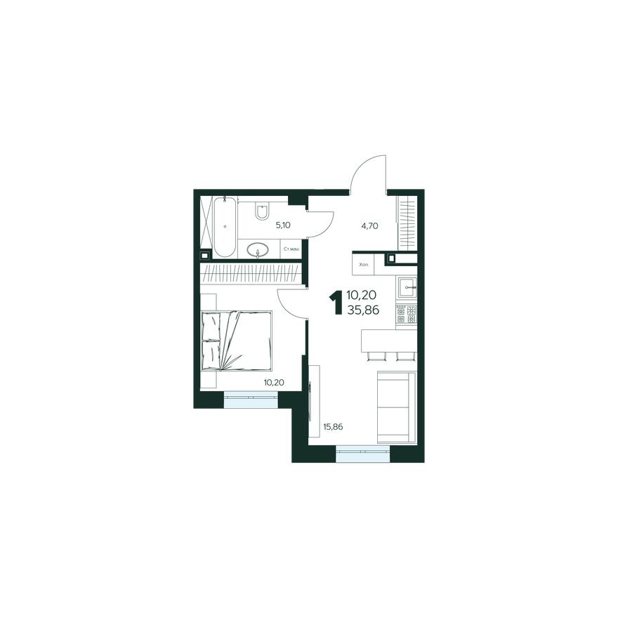 1к. квартира, 35.9 м²