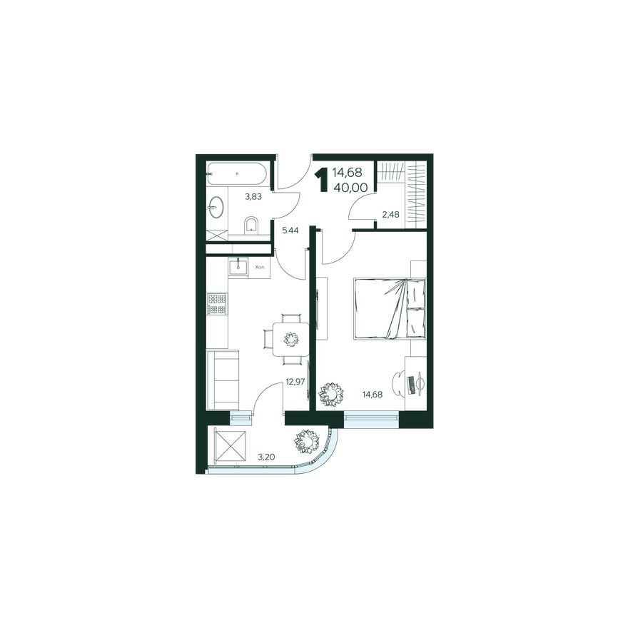 1к. квартира, 40.0 м²
