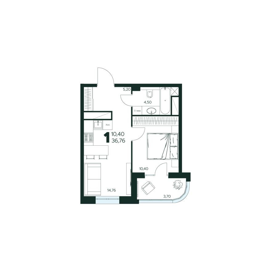 1к. квартира, 36.8 м²