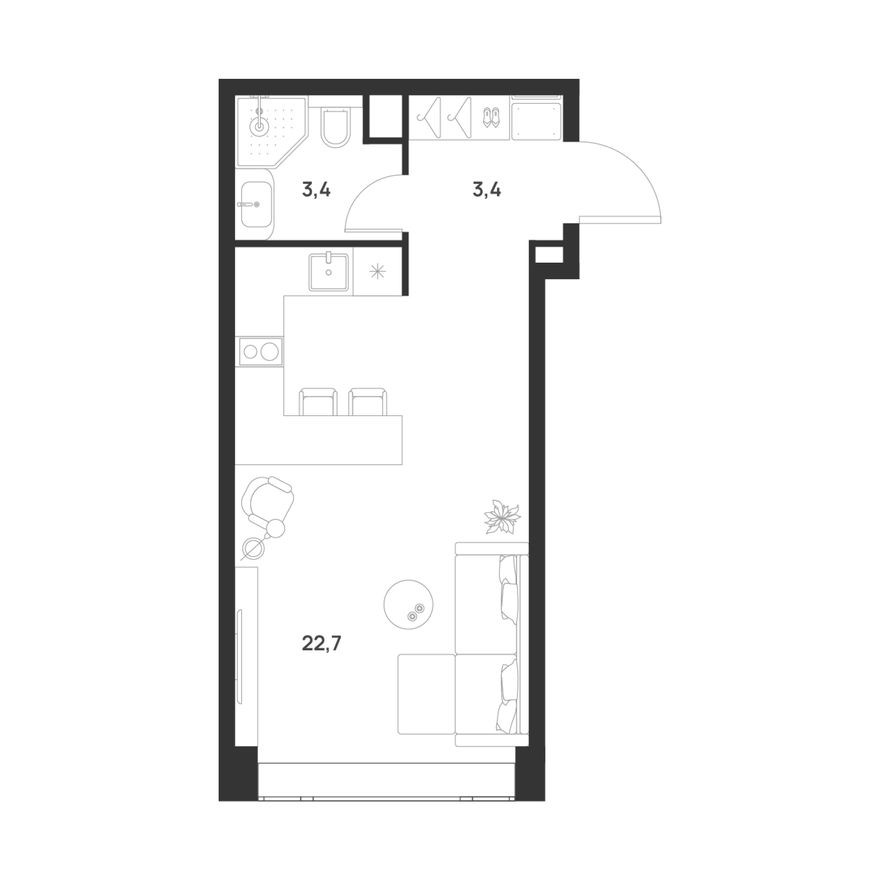 Студия-квартира, 29.5 м²