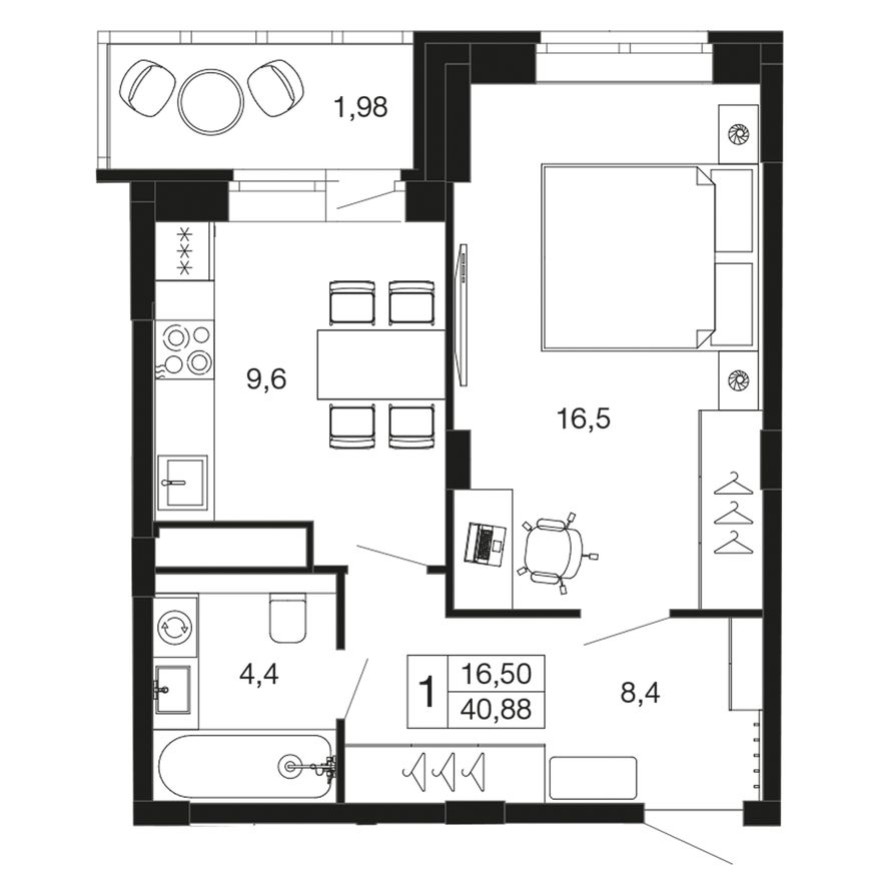 1к. квартира, 40.9 м²