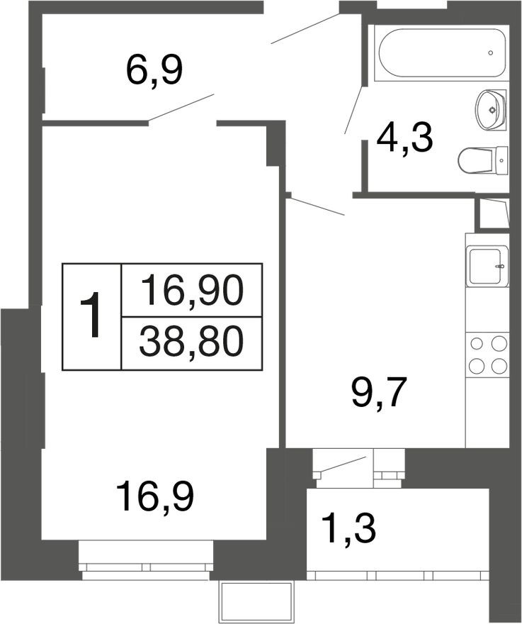 1к. квартира, 38.8 м²