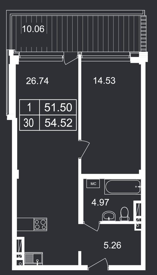 1e апартаменты, 54.5 м²