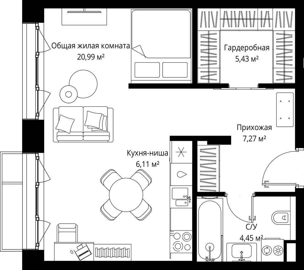 1к. квартира, 44.3 м²