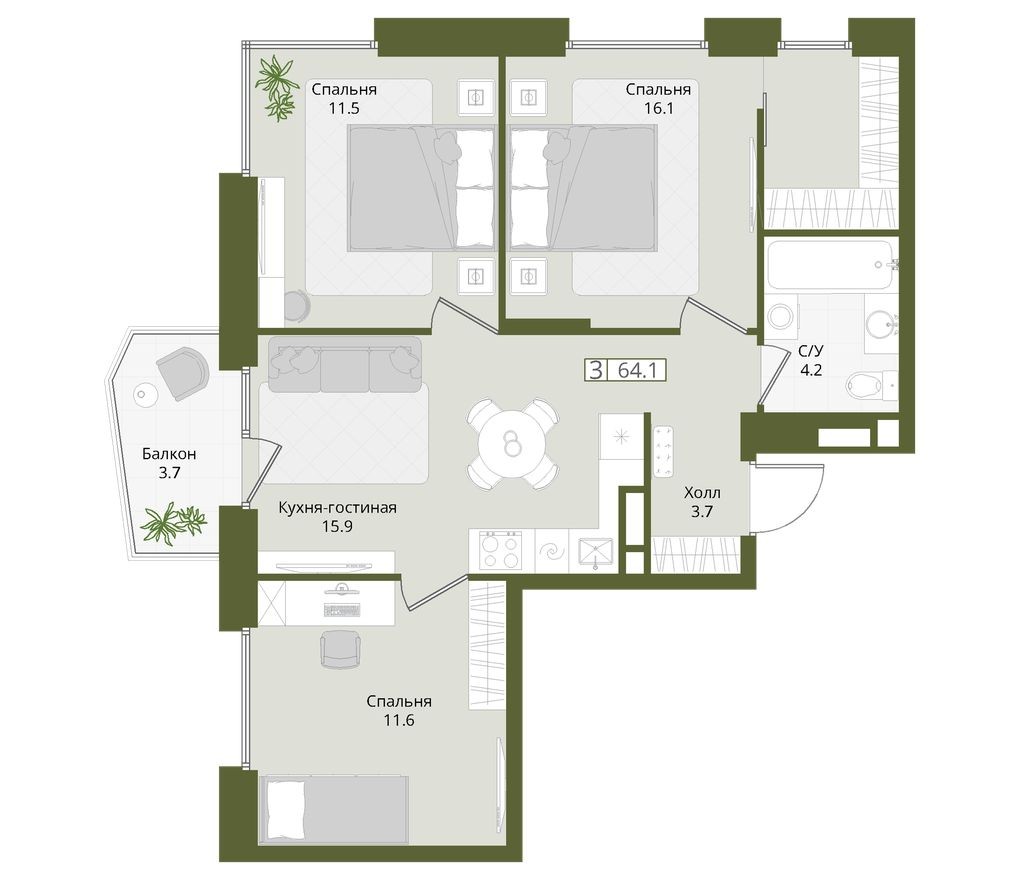 3к. квартира, 64.1 м²