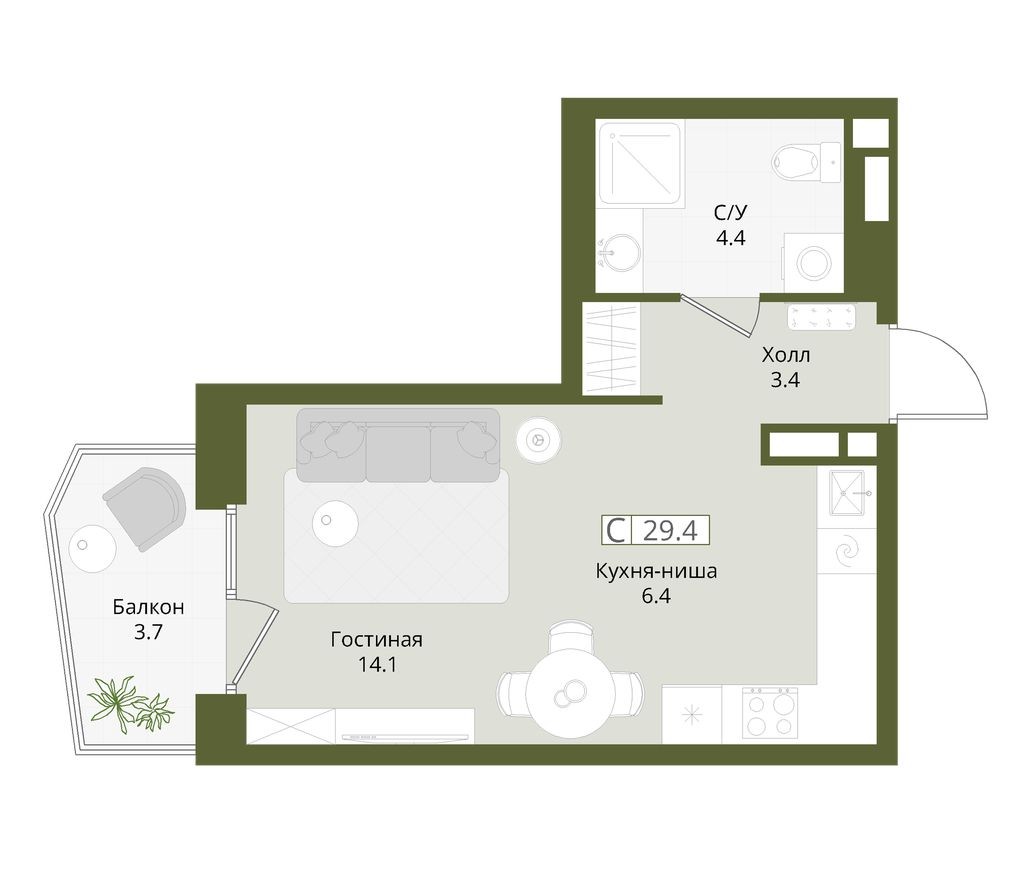 Студия-квартира, 29.4 м²