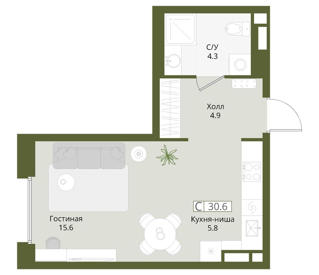 Студия-квартира, 30.6 м²