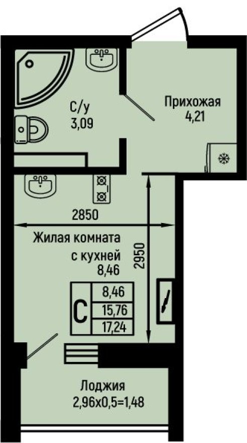 Студия-квартира, 17.2 м²
