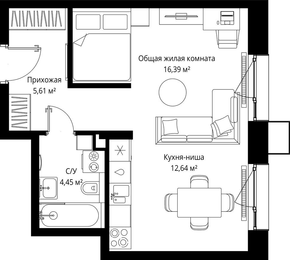 1к. квартира, 39.1 м²