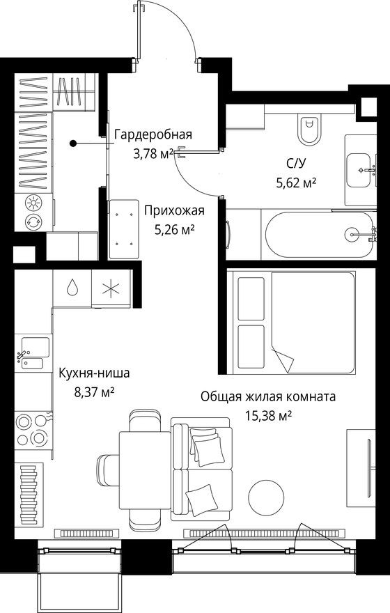 1к. квартира, 38.4 м²