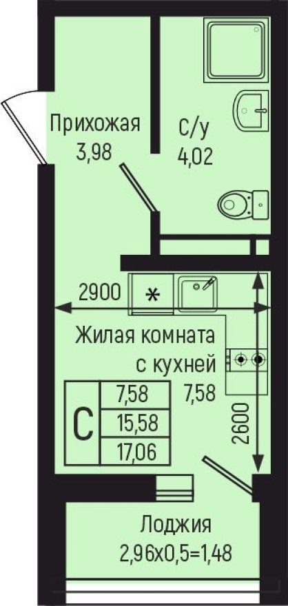Студия-квартира, 17.1 м²