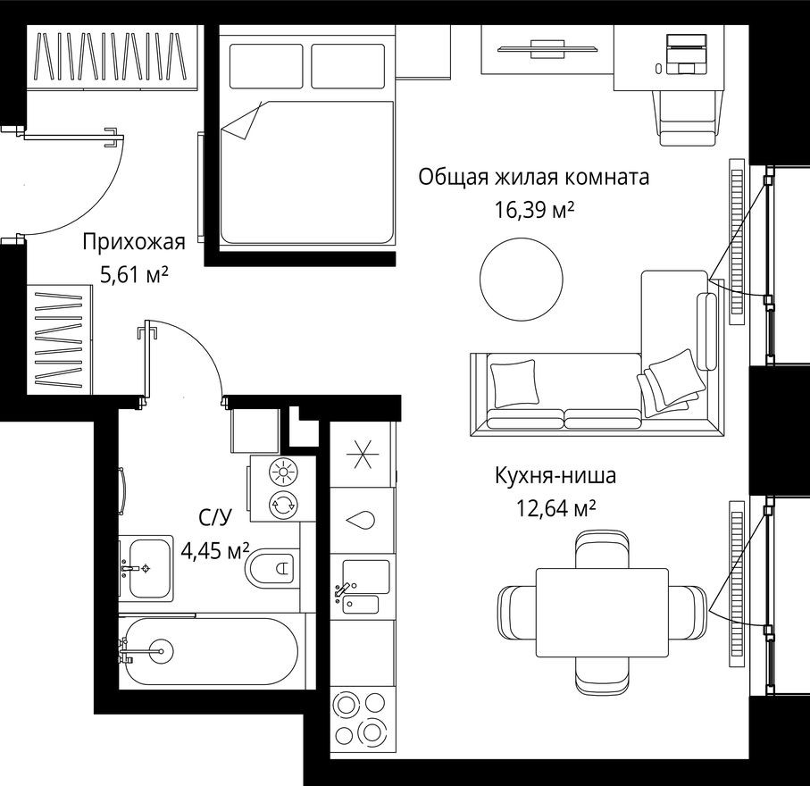 1к. квартира, 39.1 м²