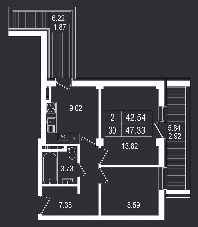 2к. апартаменты, 47.3 м²