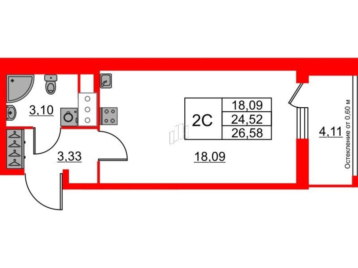 Студия-квартира, 24.5 м²