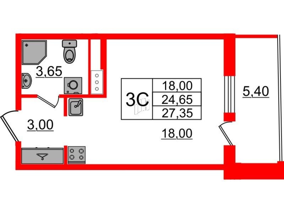 Студия-квартира, 24.7 м²