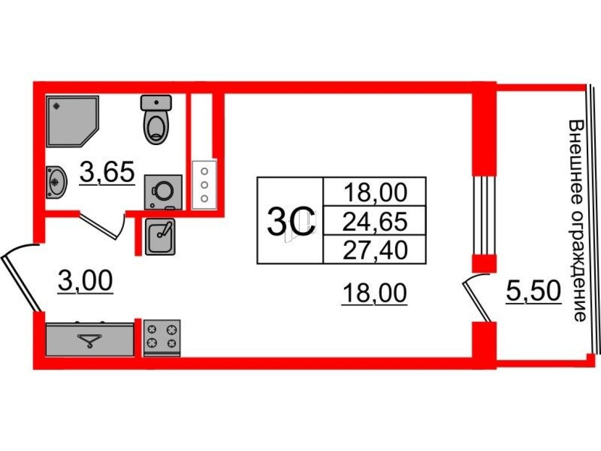 Студия-квартира, 24.7 м²