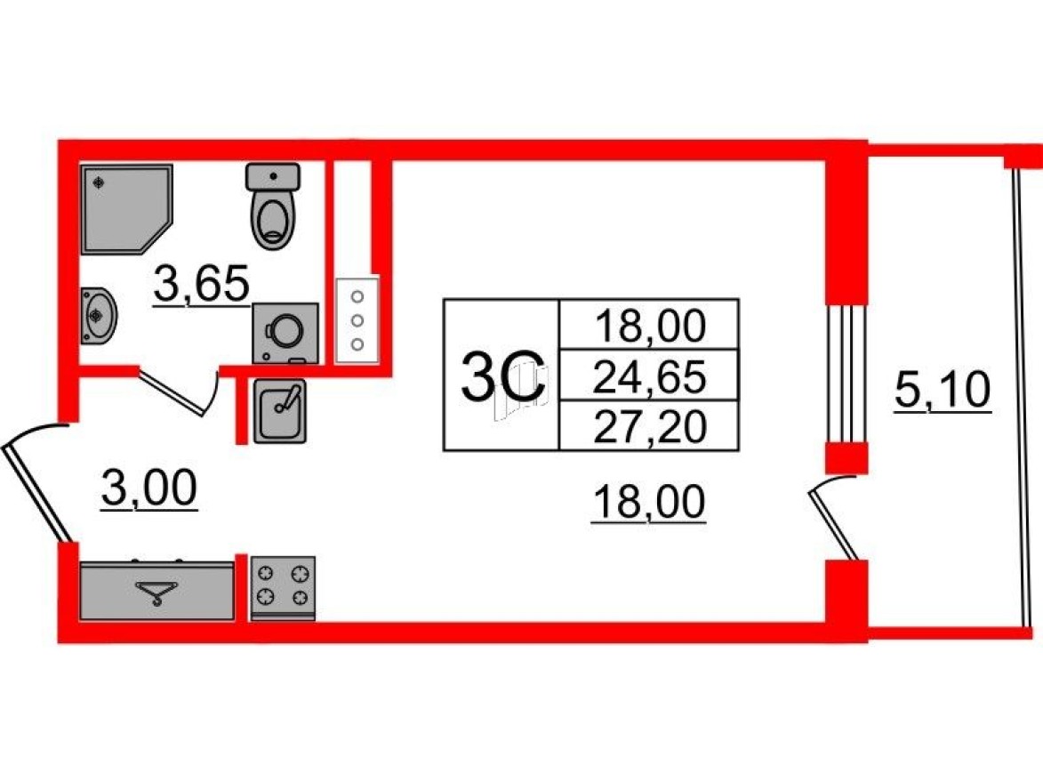 Студия-квартира, 24.7 м²