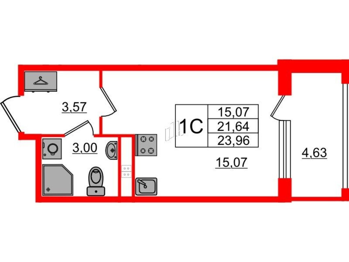 Студия-квартира, 21.6 м²