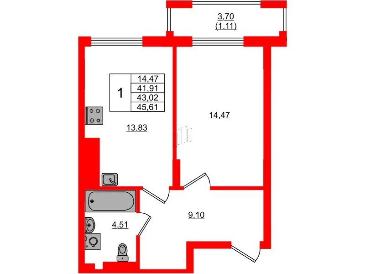 1к. квартира, 41.9 м²