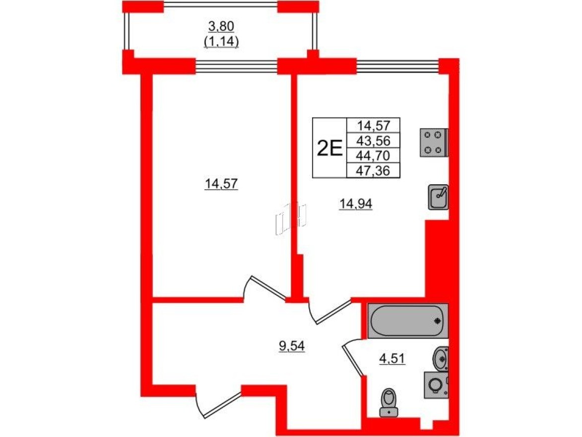 1к. квартира, 43.8 м²