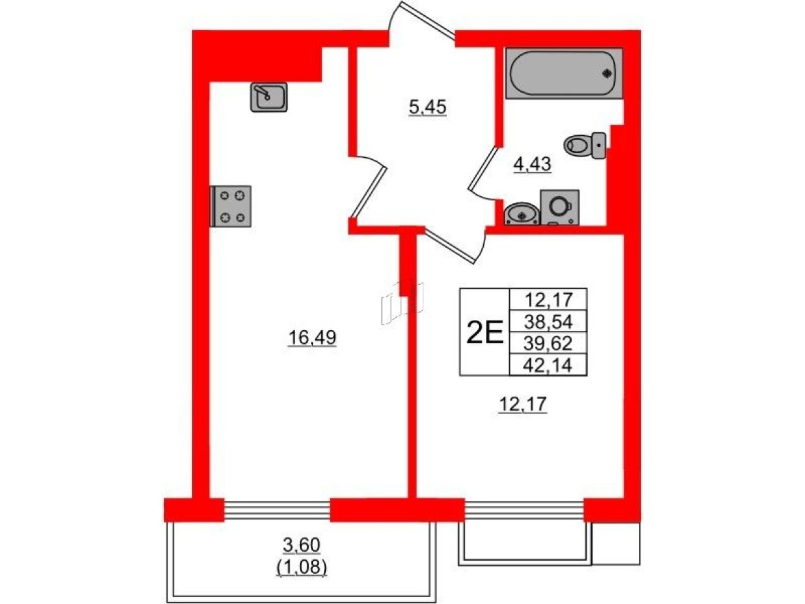 1к. квартира, 40.0 м²