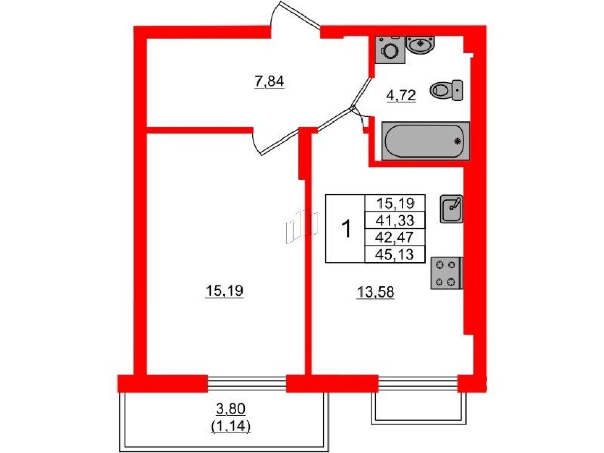 1к. квартира, 42.7 м²