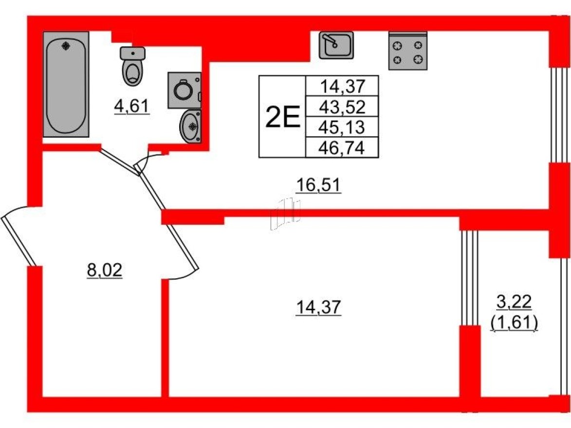 1к. квартира, 45.7 м²