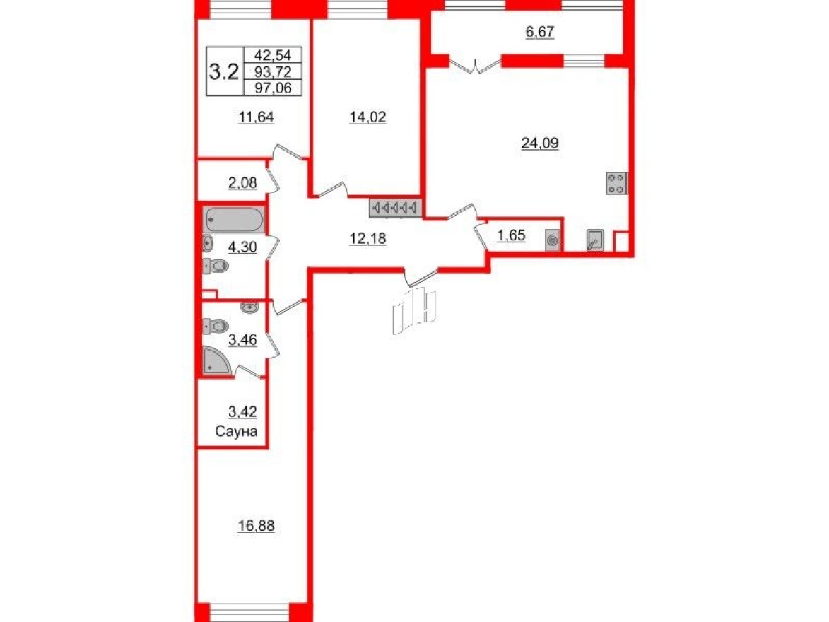 3к. квартира, 91.9 м²