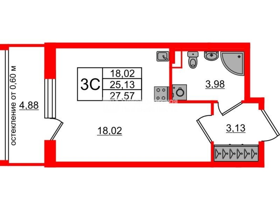 Студия-квартира, 25.1 м²