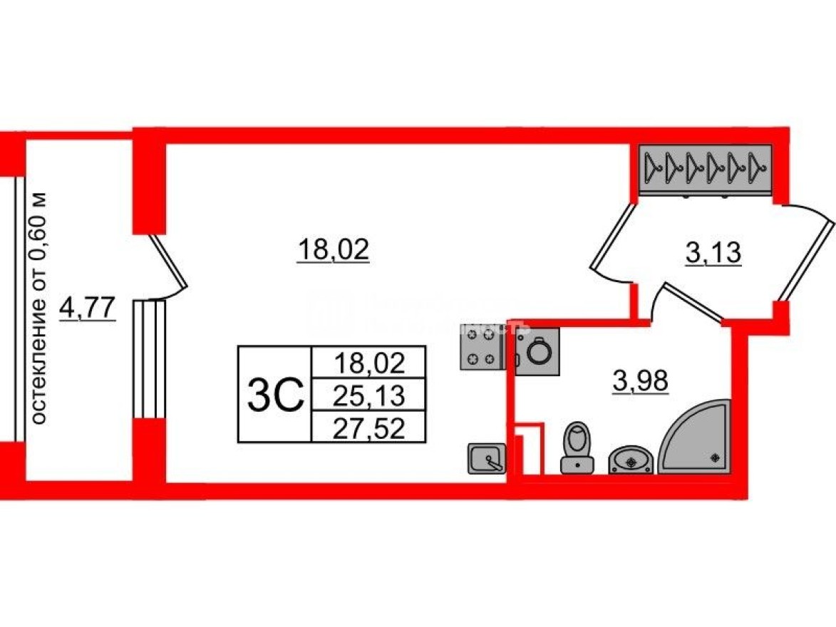 Студия-квартира, 25.1 м²