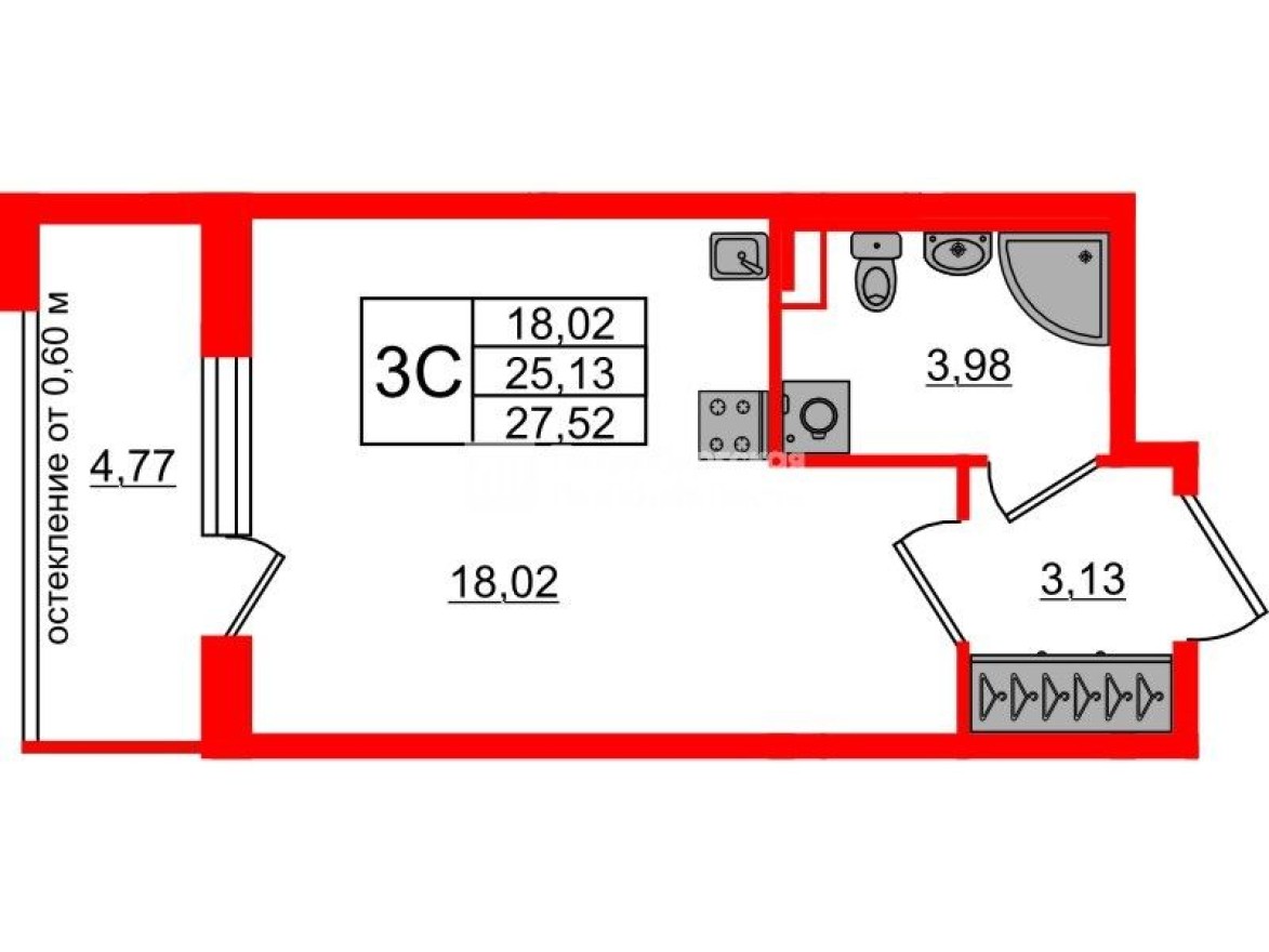Студия-квартира, 25.1 м²