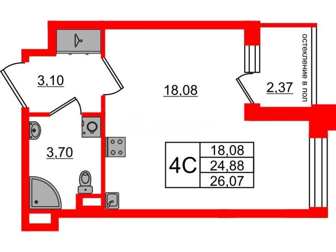 Студия-квартира, 24.9 м²